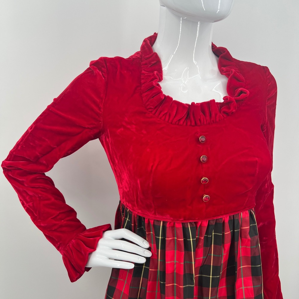 Vintage Regency Red Plaid Long Dress Velvet Bridgerton 70s Cottage Christmas - Picture 3 of 9